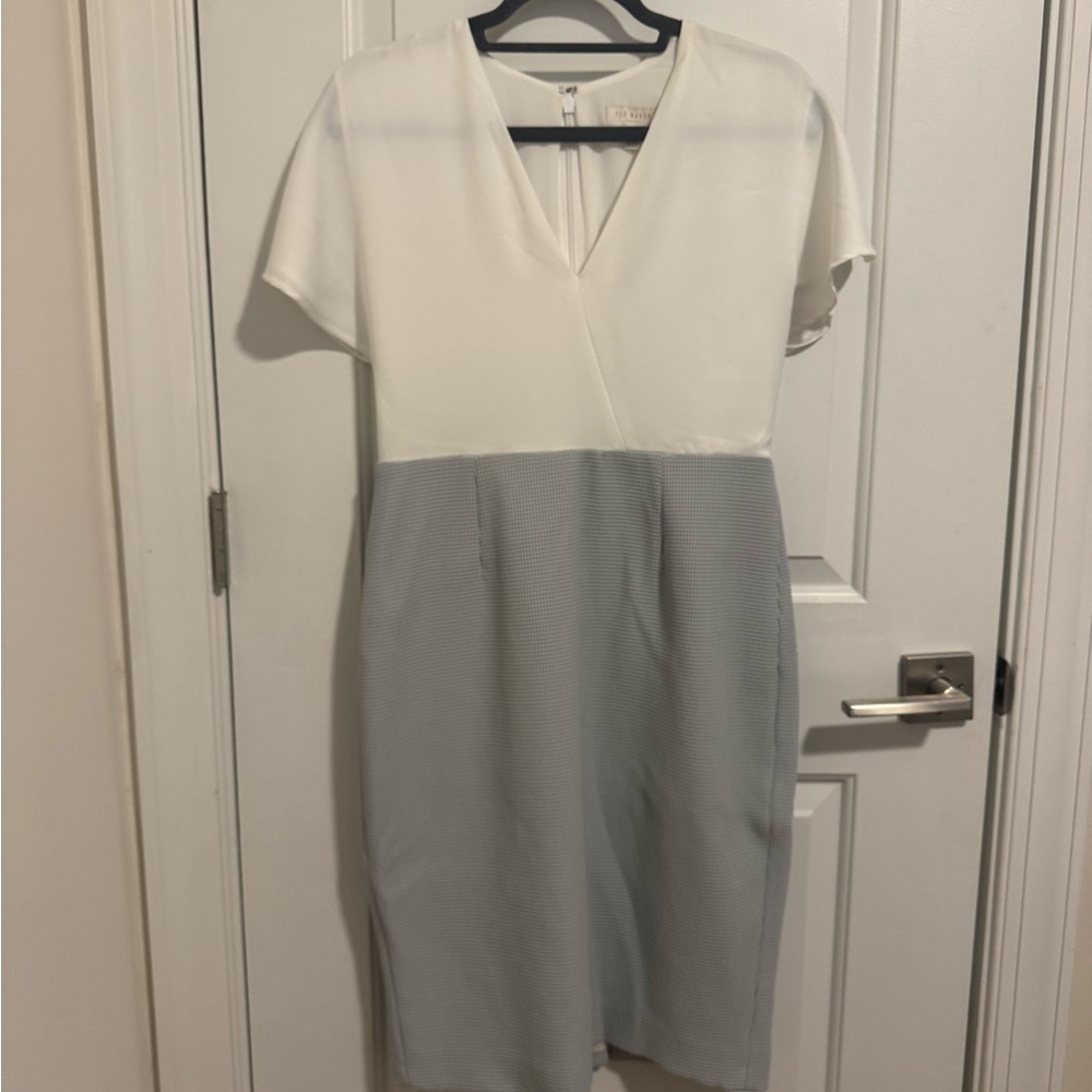 Ted Baker White and Blue Sheath Dress Knee-Length Short Sleeve V-Neck